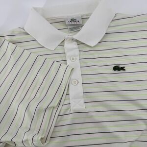 Lacoste Sport Mens White Striped Polo Shirt Lime Green Black Size 6 XL Large